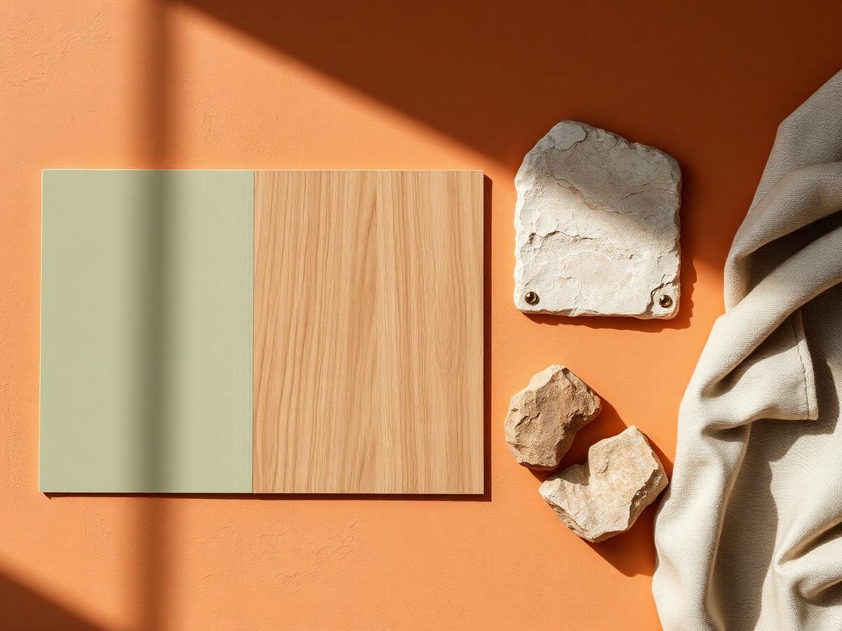 Material samples: oak, sage, and stone on a plaster surface